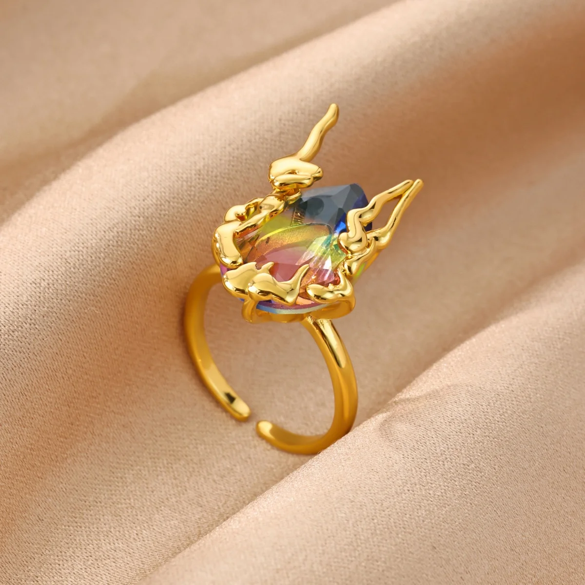 Colorful Cubic Zirconic Flame Rings For Women Gold Color Adjustable Water Drop Ring Punk Vintage Gothic Jewelry Halloween Gift