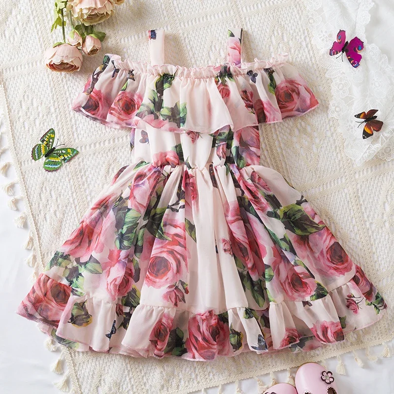 2024 New Suspenders Dress for Girls Print Dress Elegant Children Summer Casual Clothes Chiffon Kids Flower Tutu Princess Dresses