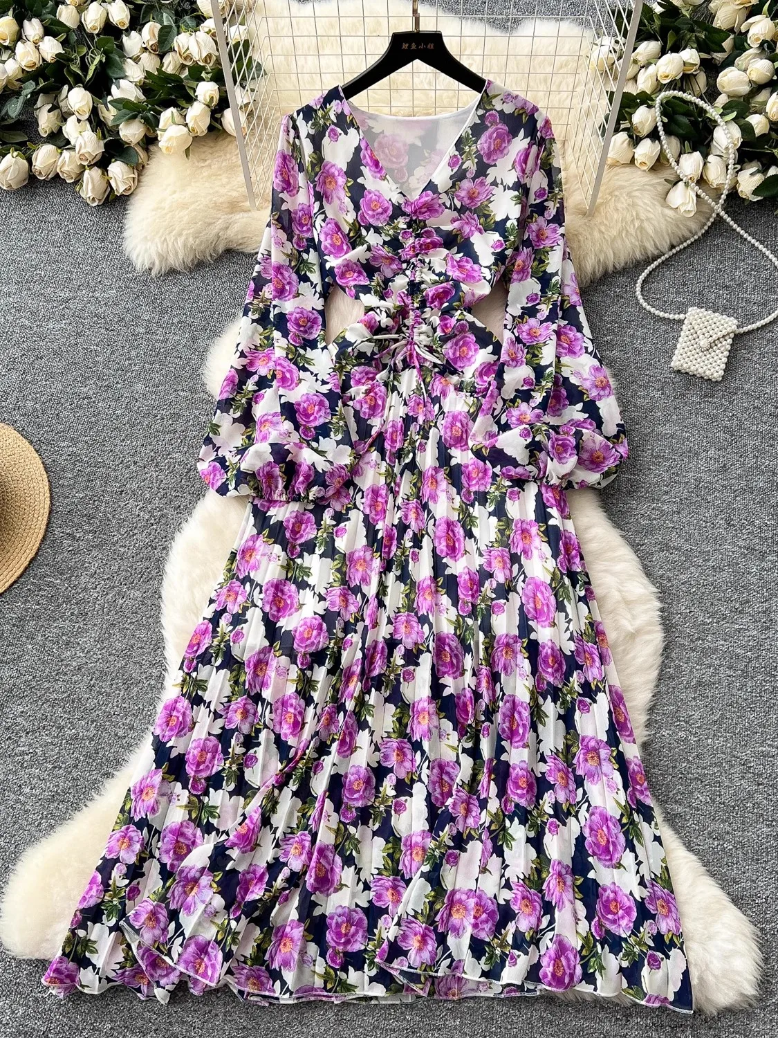 Vintage Floral Dress Women's Spring Casual Drawstring Tie Lantern Sleeve Maxi Vestidos Female V Neck Robe Elegant Long Dresses