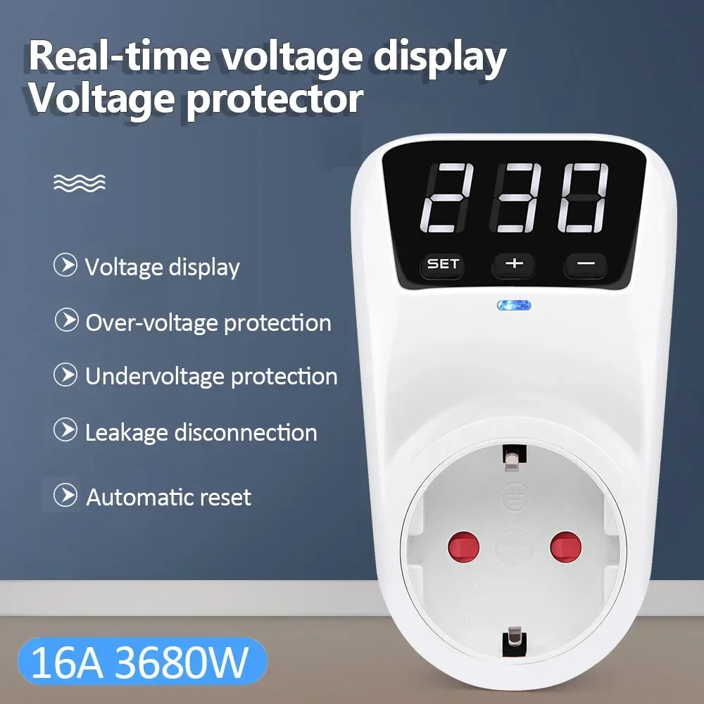 Automatic Voltage Protector Socket 16A Adjustable Power Surge Protector EU/US Plug Socket Voltage Safe Refrigerator Protect