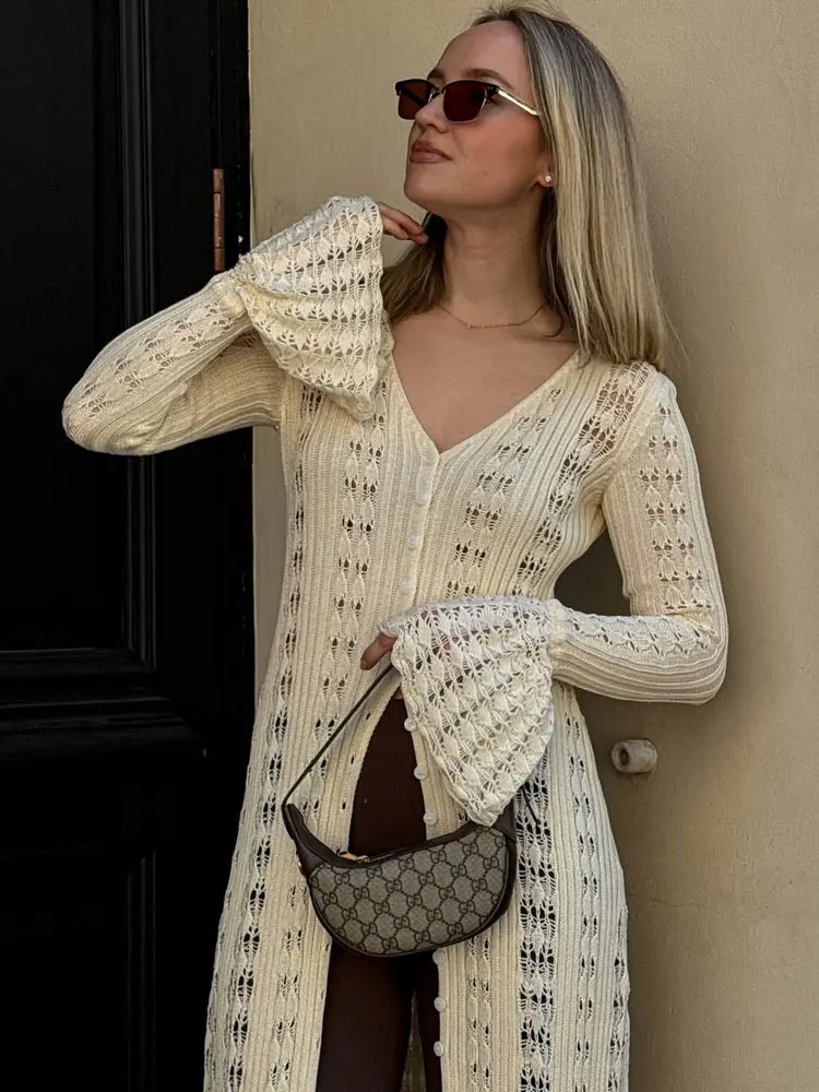 Tossy Hollow Out Knitwear Loose Maxi Dress Cardigan Female See-Through Patchwork Holiday Beach Dress Knitwear Women's Spring New