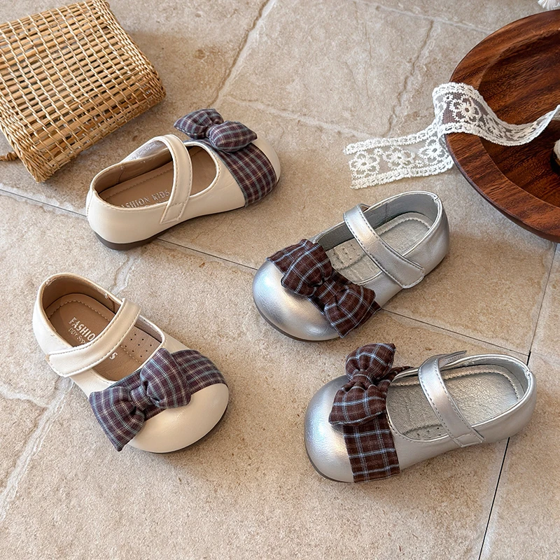 Girls Plaid Bow Mary Jane Flats, Glossy PU Hook-and-Loop Strap Round Toe Soft Sole School Princess Dress Shoes for Little Kids