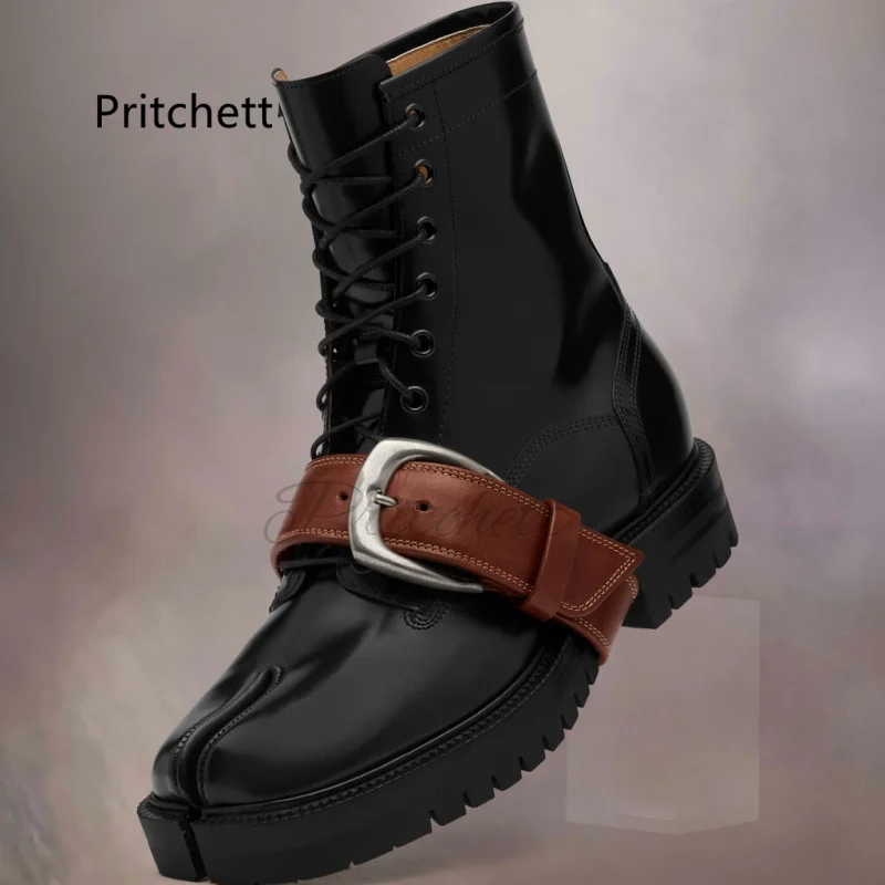 

Belt Buckle Lace-Up Split-Toe Boots for Men Women Casual Thick Soled Tabi Shoes Winter Ankle Boots High-Top Couple Shoes