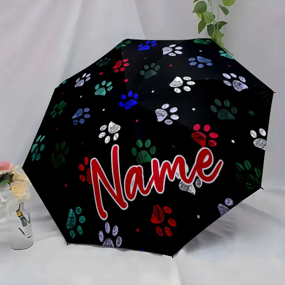 Custom Name Personalized Paw Print Design Umbrella Bold Text Print 8 Iron Ribs Folding Umbrella Auto-Open Fashion Sunshade