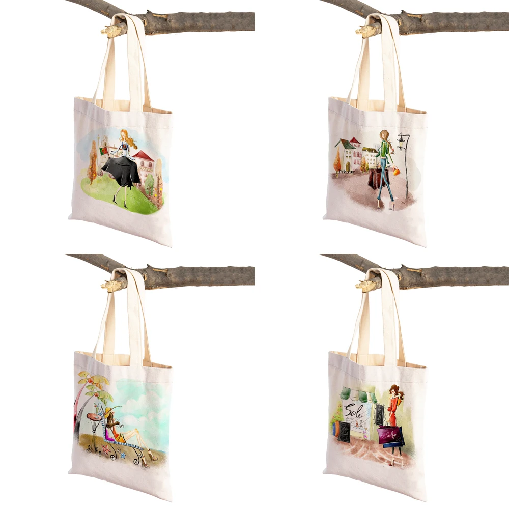 Mode Cartoon Einzigen Mädchen Life Dame Einkaufstasche Beidseitiger Druck Wiederverwendbare Casual Leinwand Tote Schulter Handtasche für Frauen