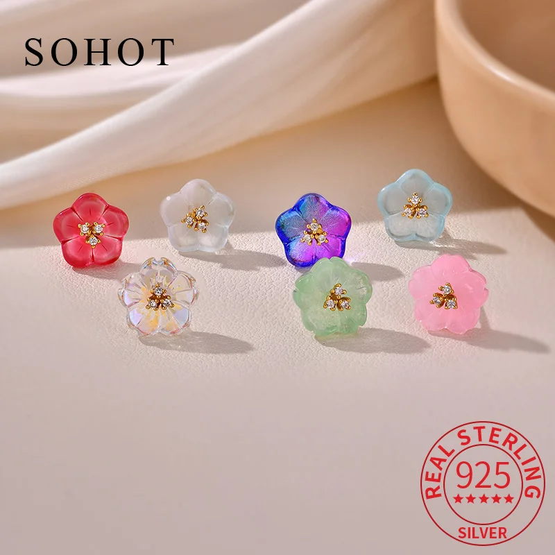 

Real 925 Sterling Silver Minimalist Cute Colorful Flower Stud Earrings for Elegant Women Fine Jewelry Luxurious Accessories