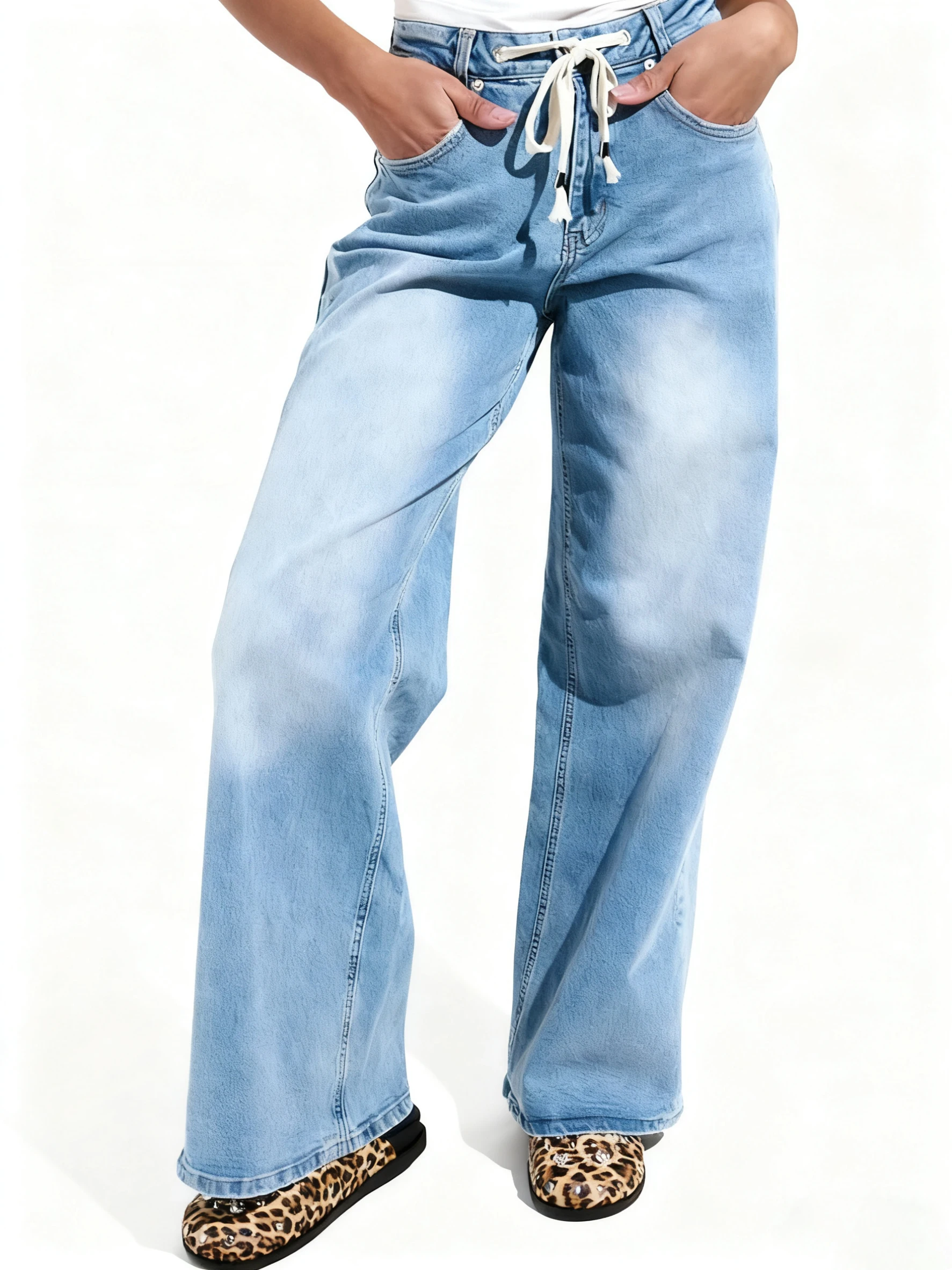 

Women's wide-leg jeans; versatile; loose; casual; drawstring; no stretch; mid-waist; side waist patchwork; denim trousers.