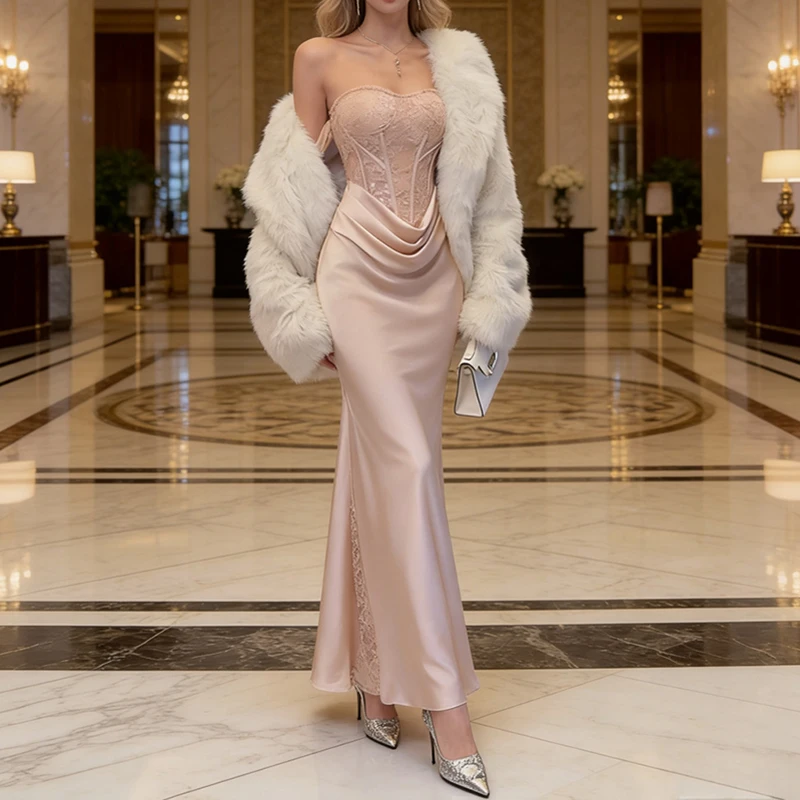 

Сексуальное облегающее вечернее платье с роскошной кружевной вышивкой и атласными вставками, элегантное плиссированное платье с открытыми плечами для банкета