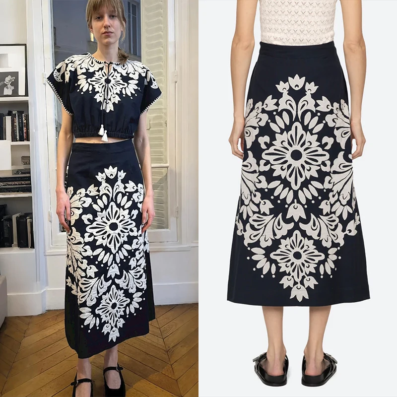 Conjunto de falda larga con cintura redonda Ne Sa para mujer, silueta de flores de retales, corte en A, principios de otoño 2025, Faion