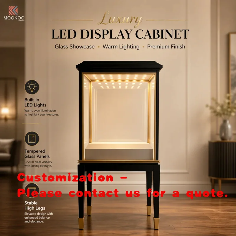 custom.MOOKOO Custom Light Luxury Black Varnished Modern Rotating Detachable Display Cabinet Glass Door Golden Trim Countertop L