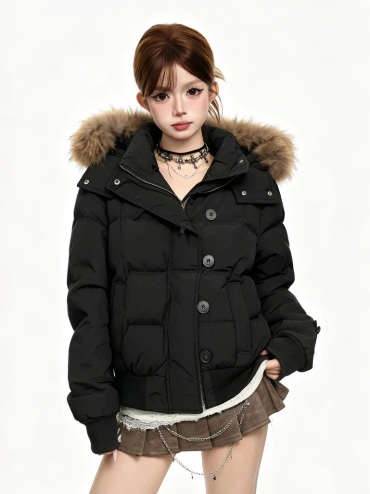 Women Winter Faux Fur Trim Parka 2026 Y2K Retro American Cotton‑Padded Coat Korean Fashion Warm Casual Jacket Outwear