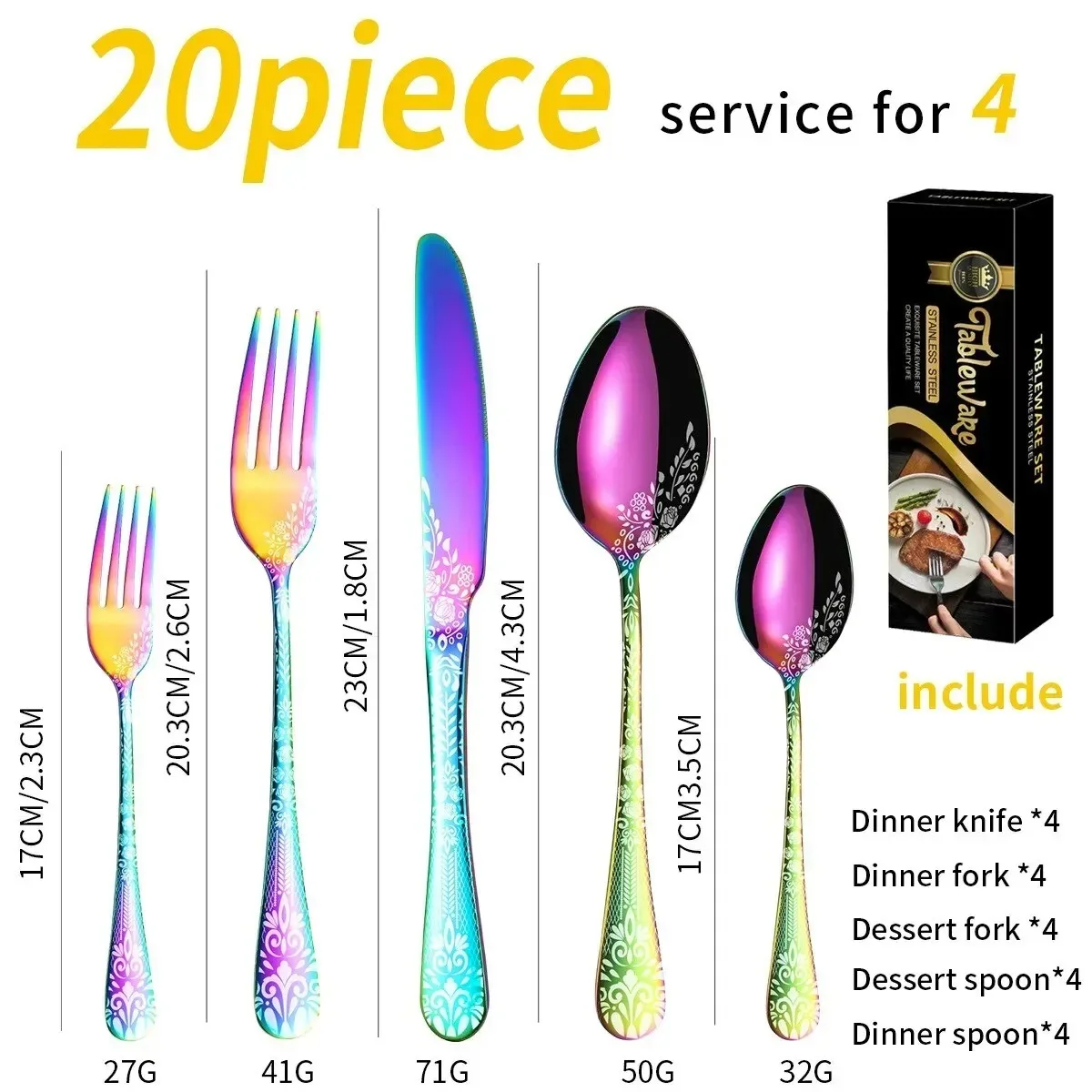 20PCS Patterned Stainless Steel Tableware Knife Fork Spoon Set Hotel Western Style Steak Knife Fork Spoon Set