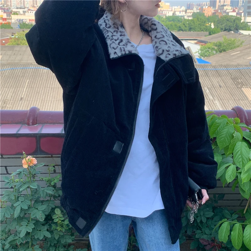 Cool Girl Coat New Winter Leopard Print Stitching Women\'s Coat Corduroy Warmth Loose Casual Women\'s Coat Elegant Tops Streetwear