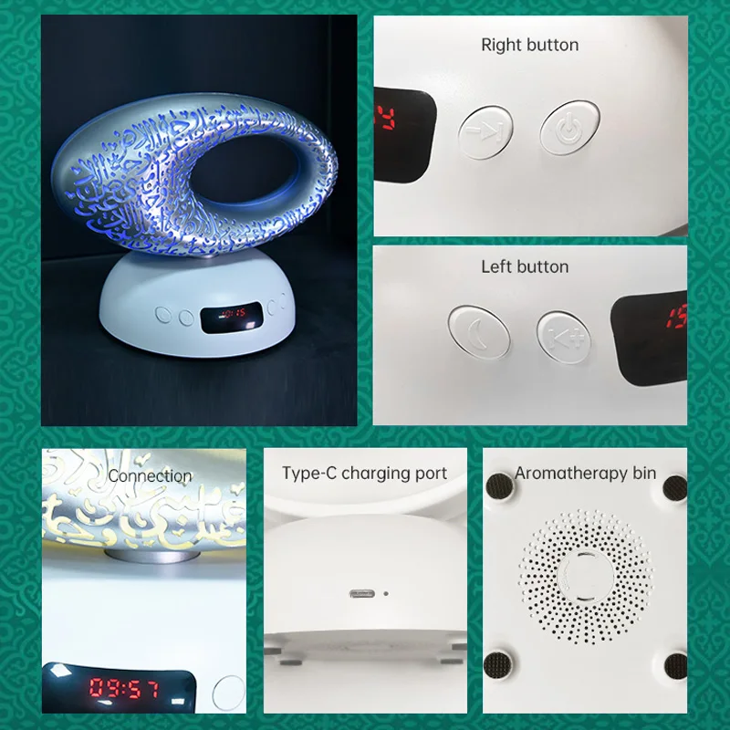 القرآن أذان ساعة إسلامية مسلمة القرآن مشرق ضوء الليل مصباح سمّاعات بلوتوث المقدسة المحمولة اللاسلكية العربية رمضان كايكسا دي سوم