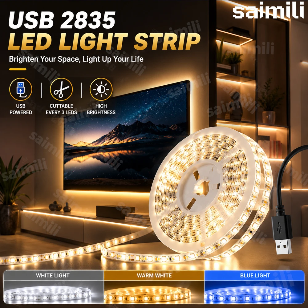 High Brightness SMD2835 LED Strip DC 5V USB Flexible Ribbon Lamp,Adhesive Cuttable Design For Home DIY Background Decor Lighting
