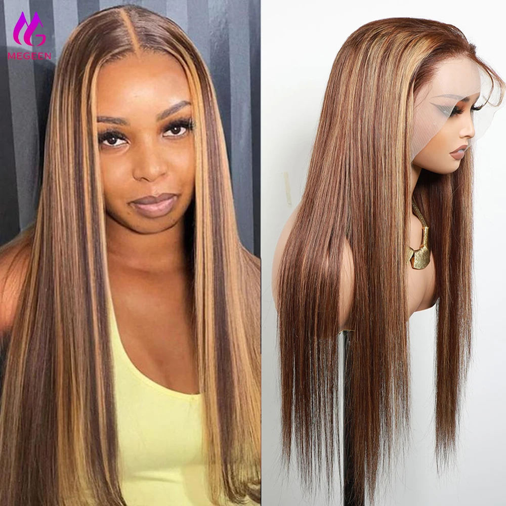 

Megeen Straight 100% Human Hair Highlight P4/27 Colored 13X4 Lace Frontal Wig Human Hair Pre Plucked Honey Blonde Lace Front Wig