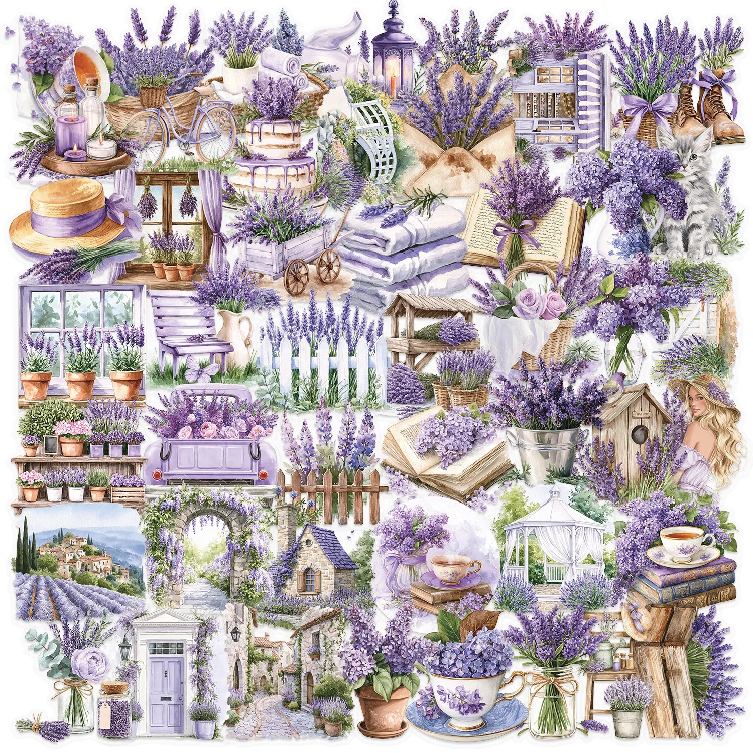 50Pcs Transparent PET Cartoon Purple Lavender Waterproof Sticker Pack for Journal Guitar Notebook Decoration