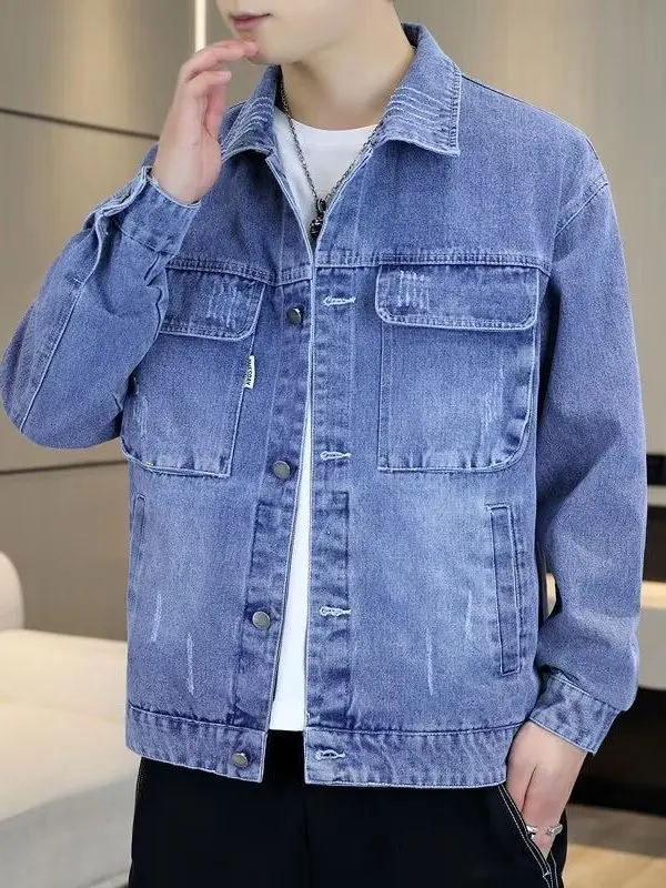 

Men's Denim Jaet 2026 Spring Autumn Multi-ket Loose Thiened Casual Workwear Top Trendy Brand Long Sve Button Closure