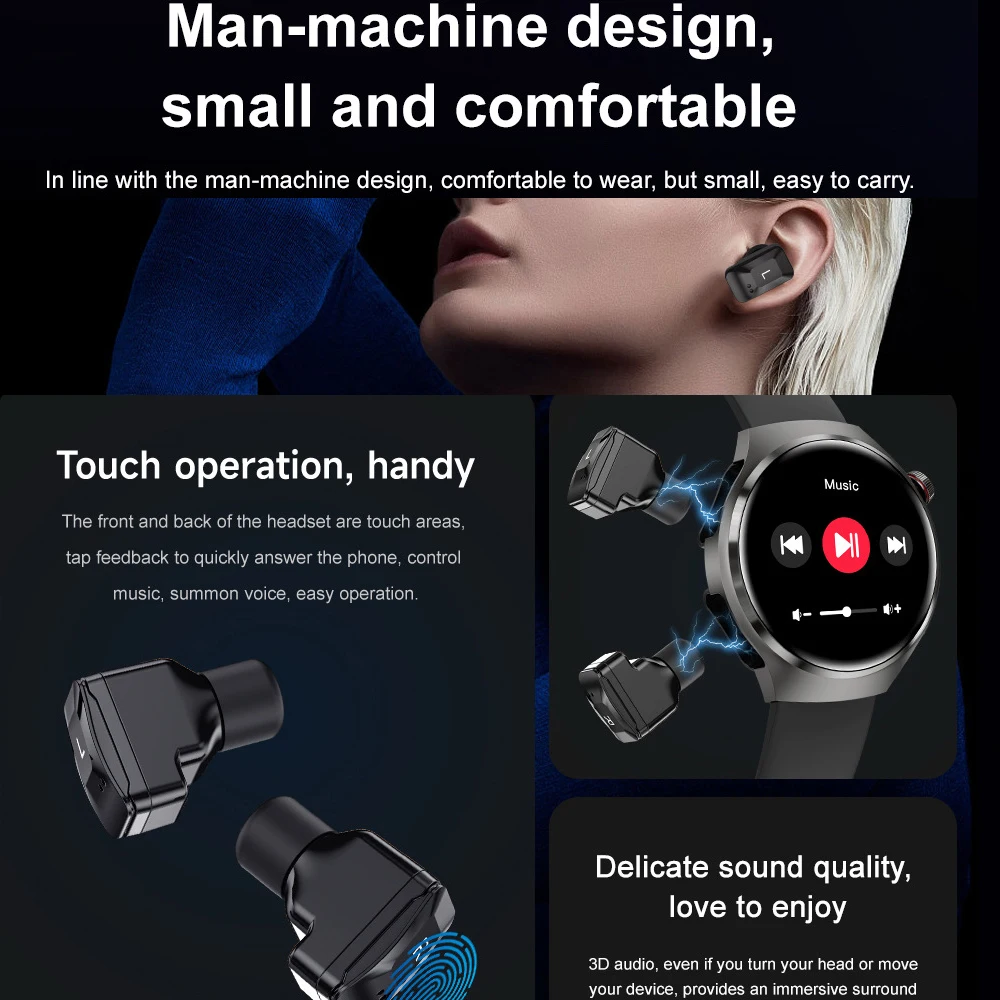 Auriculares 2 en 1 Smarthwatch para exteriores, reloj inteligente NFC para hombres, llamada de diente azul, Monitor de salud del ritmo cardíaco a prueba de agua, información Push