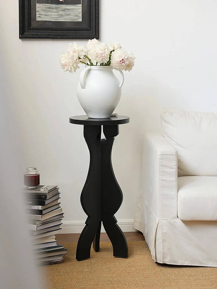 

*French medieval tripod black flower stand solid wood shelf corner floor retro