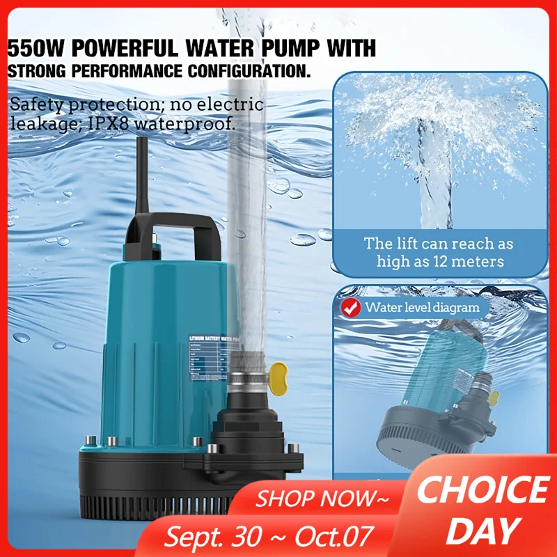 550W Submersible Water Pump 11000L/H Utility Electric Portable Transfer Pool Pond Draining Sump Pump for 21V Makita Battery