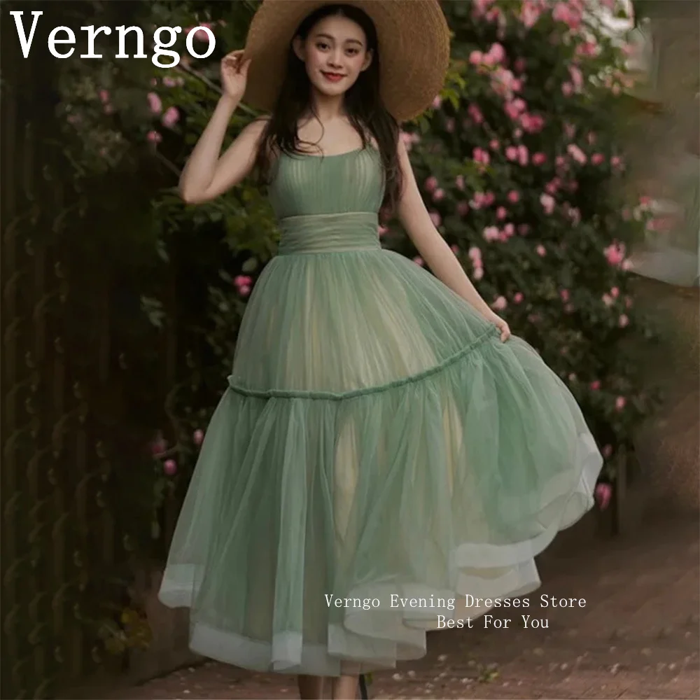 

Verngo Green Tulle Prom Gown Spaghetti Straps Evening Dresses For Women Simple A Line Party Dress Korea Formal Occasion Dress