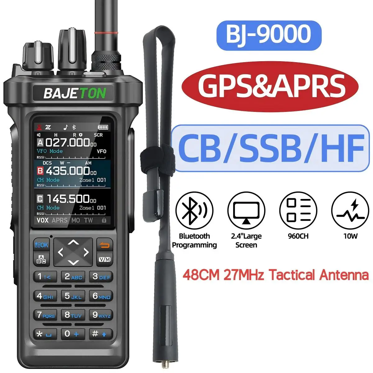 BAJETON BJ-9000 Walkie Talkie CB/SSB/RX/HF-ontvanger met GPS APRS 10W Bluetooth-telefoonprogrammering Dezelfde RT-950 PRO RT-950-radio