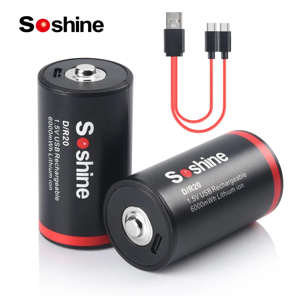 Soshine 1.5V 6000mWh Lithium Battery USB Rechargeable Batteries D Size Li-ion Battery 1200 Times Cycle with 2-in-1 USB Cable