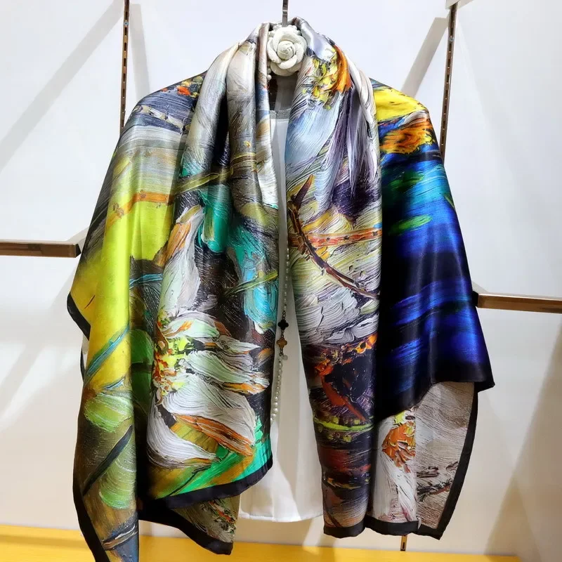 الراقية أنيقة المرأة رائعة النفط اللوحة "بلوم" المطبوعة جودة 16 مللي متر عادي الحرير الحرير المدرفلة يدويا حافة وشاح كبير شال