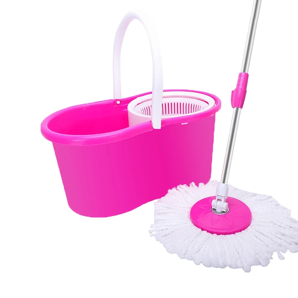 360° Mop Rod with Bucket & White Fiber Dual Mop Heads Strong Sturdy Cleaning Quick and Easy Pink