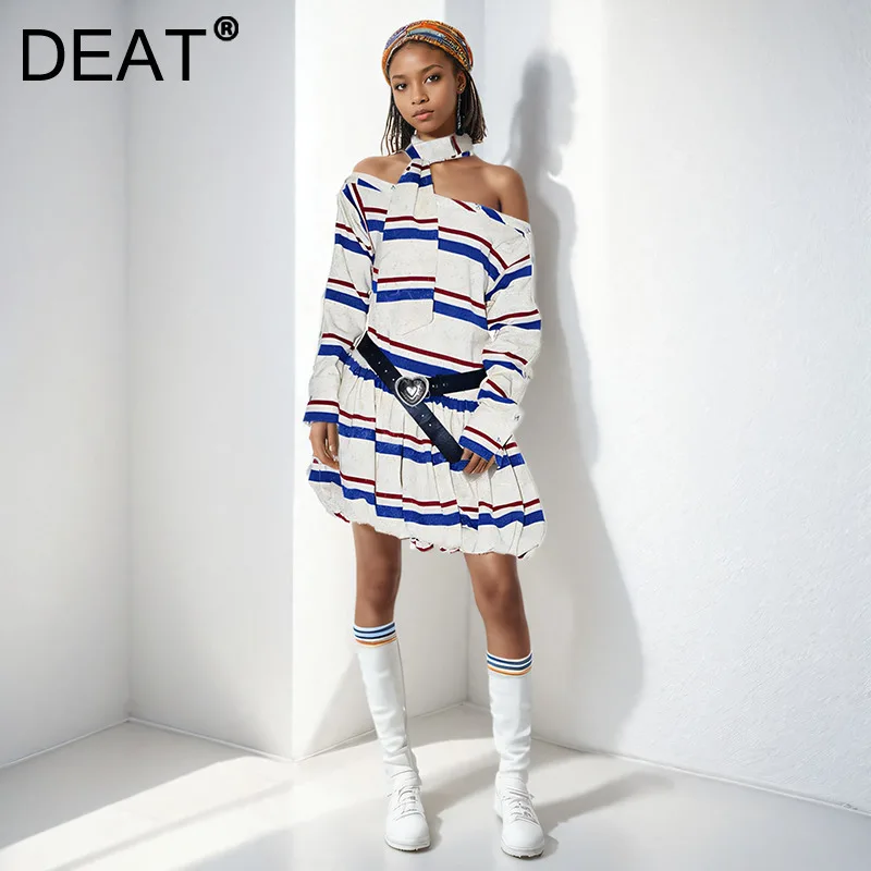 DEAT 2025 Spring New One Shoulder Striped Dress For Women Casual Bandage Design Long Sleeve Dresses Female