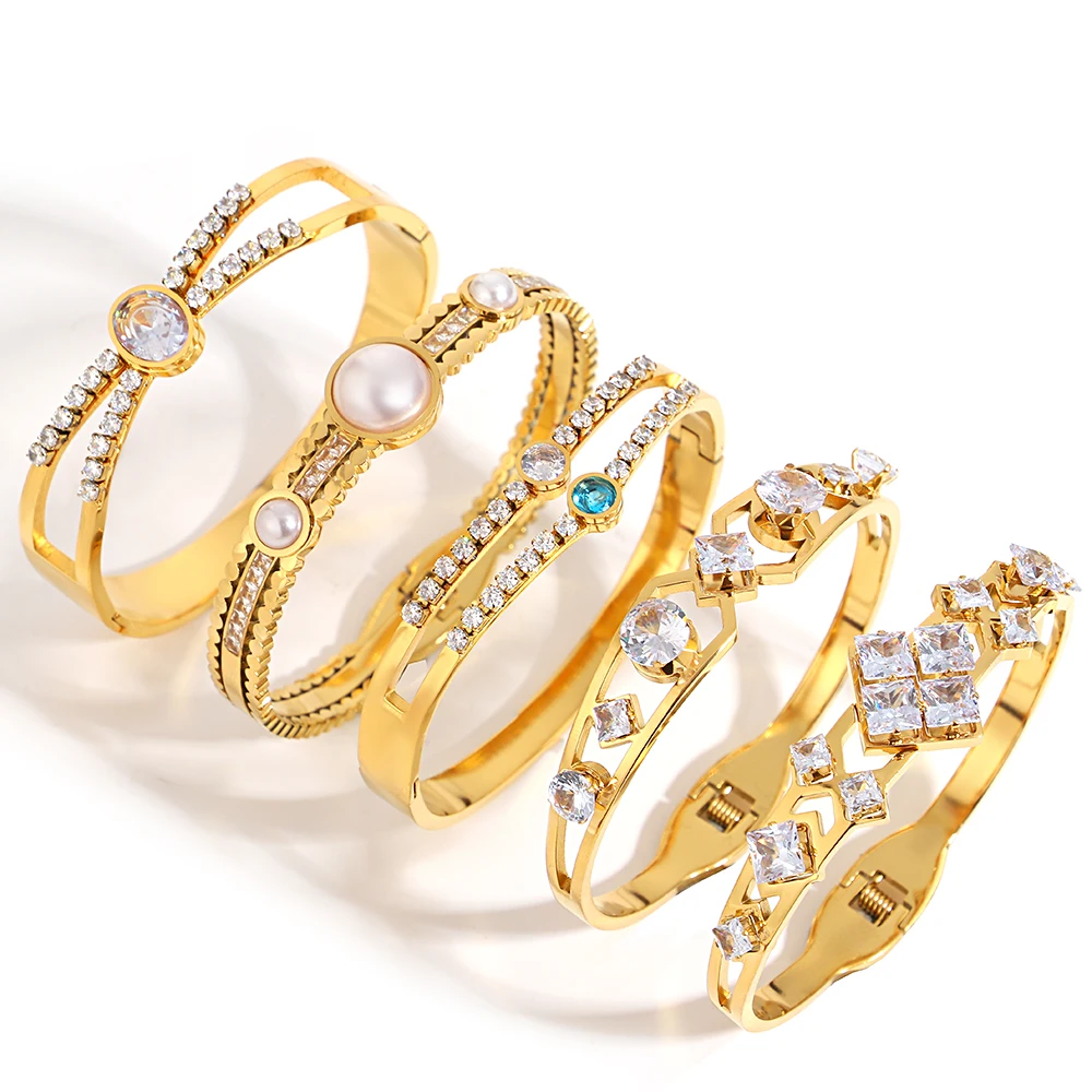 Greatera الفولاذ المقاوم للصدأ حجر الراين سوار الأزياء الأرقام الرومانية تصميم المعين زهرة الحفر القلب نمط المرأة الإسورة #1