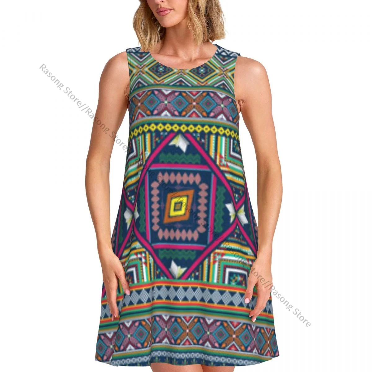 Women's Dress Summer Casual T Shirt Dresses Beach Cover up Geometric Ethnic Oriental Pattern Tank Dress