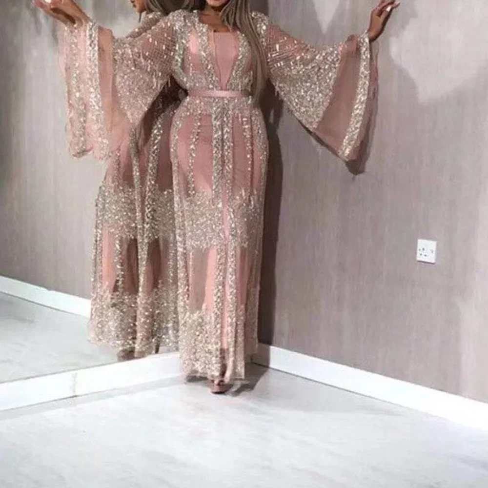 Women\'s Sequined Maxi Dress with Belt, Large Swing Type, Loose Full Flare Sleeve, Summer Dress, Banquet, 2 Pieces Set