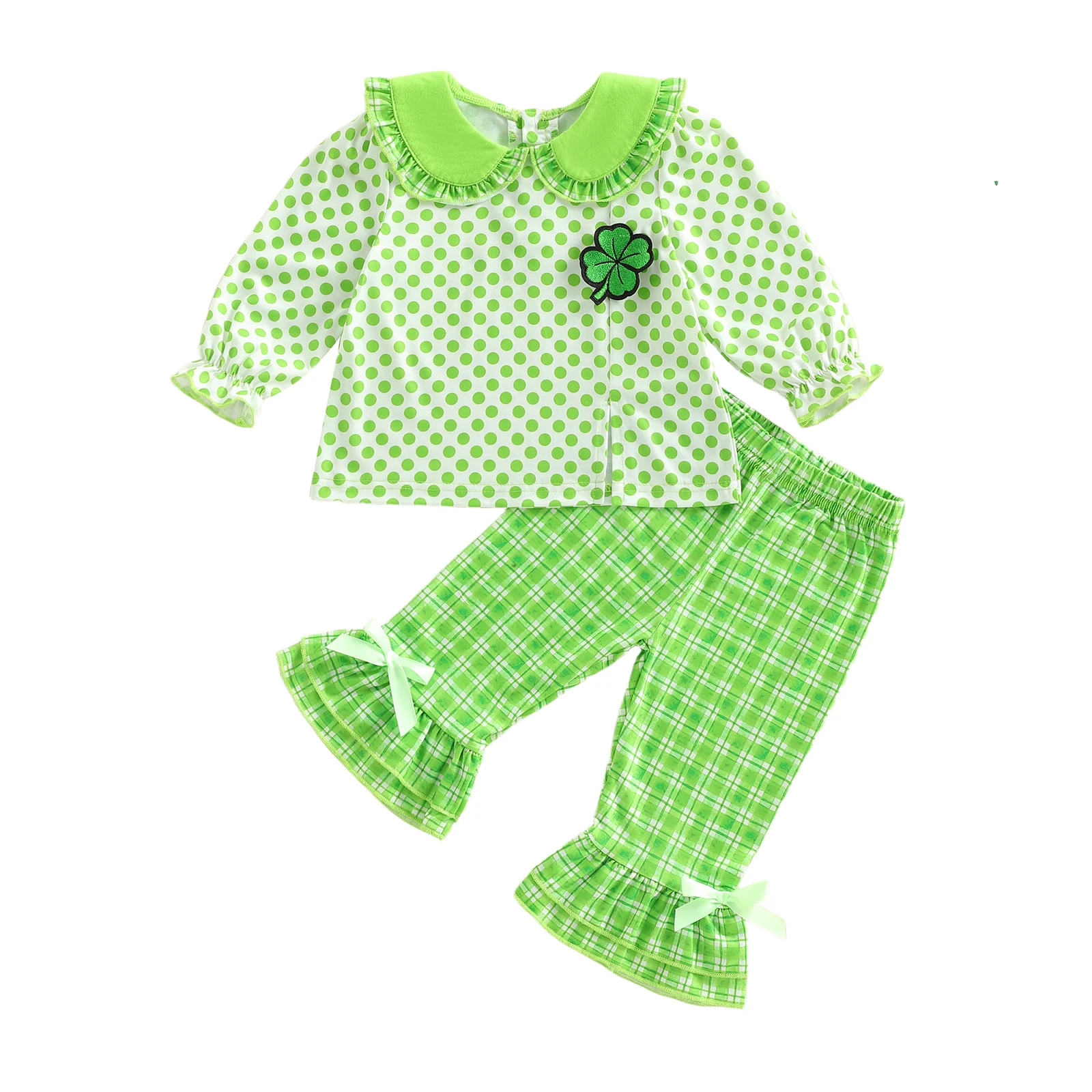 

Детский комплект штанов для девочек, футболка в горошек с длинными рукавами и кукольным воротником, брюки-клеш в клетку, осенний наряд