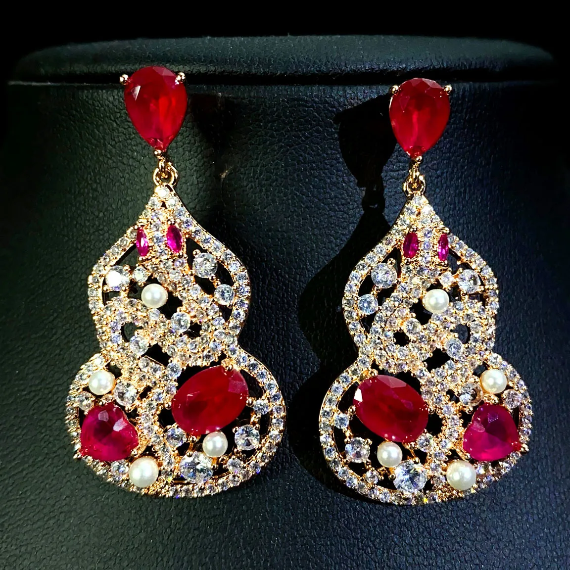 

Chinese style shiny zircon earrings red white green gourd pendant earrings evening party jewelry gift female