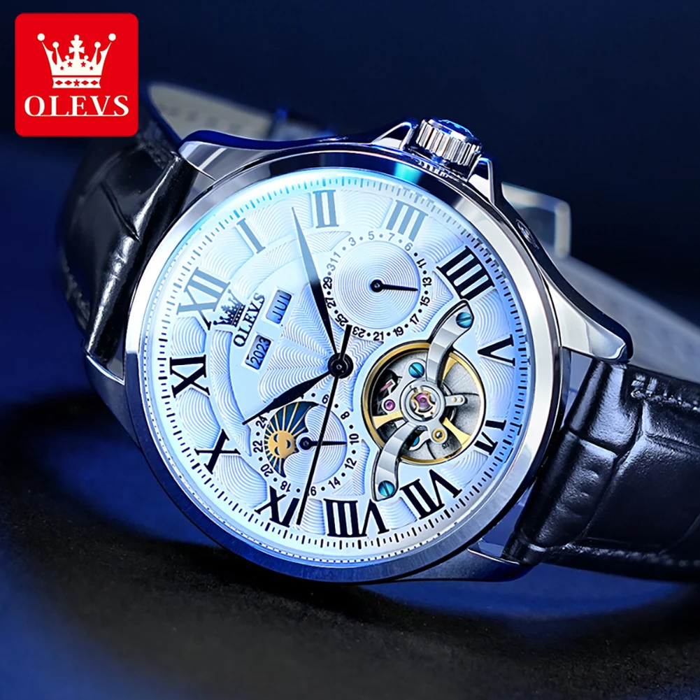 OLEVS 7013 New Moon Phase Mechanical Watch For Men Roman Scale Hollow Flywheel Automatic Man Hand Clock Waterproof Wrist Watches