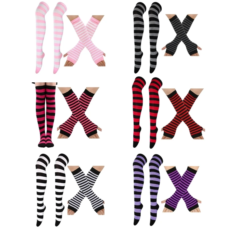 

SZL Colorful Stripe Fingerless Gloves Stockings Set for Women Fashion Arm Sleeves Theme Party Decorative Legging Arm Cover