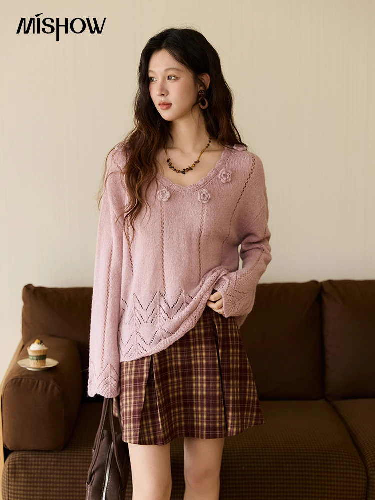 

MISHOW элегантные женские свитера, осень 202, фиолетовые, с v-образным вырезом и v-образным вырезом, вязаный крючком, вязаный топ, повседневные пуловеры MXE45Z1391