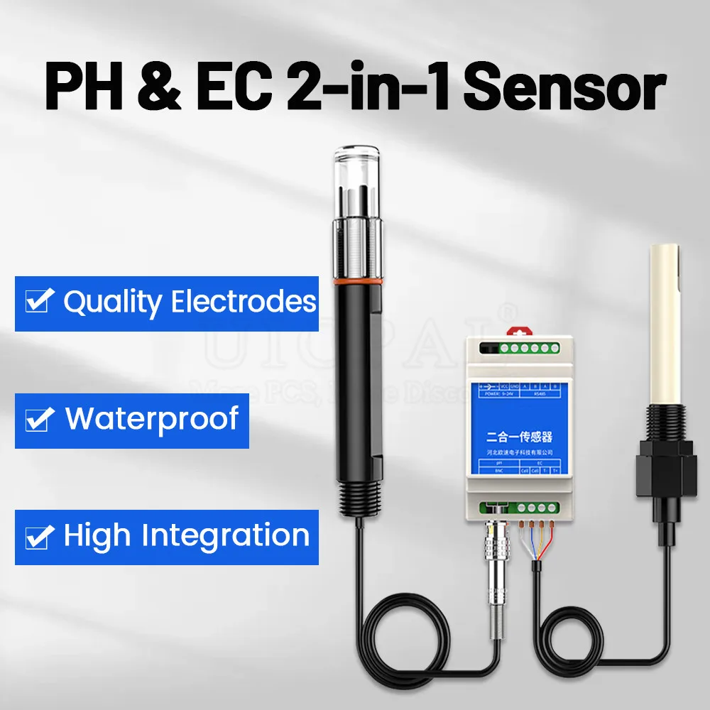 RS485 2-in-1 Sensor Industrial Sewage Monitor for Agricultural Aquaculture Din Rail Type PH EC Plastic Electrode Probe Detector