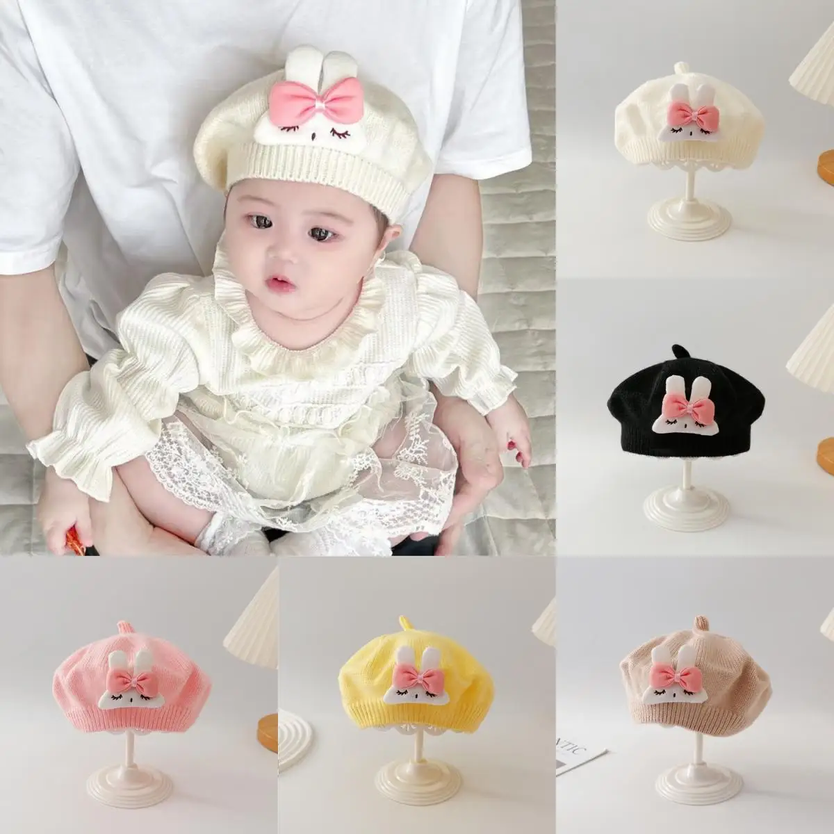 

Kawaii Bow Baby Beret Hat Artist Korean Knit Beanie Cap 6-36 Months Spring Autumn Toddler Princess Painter Cap for Boys Girls