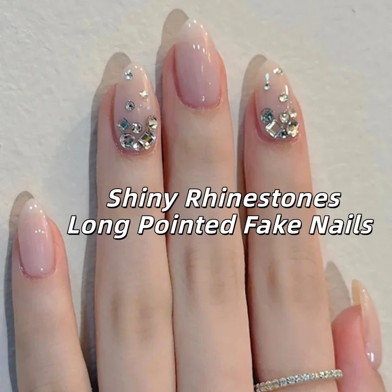 Strass quadrati rotondi lucidi Unghie finte a punta lunga Glitter Cat Eye Mandorla Unghie finte Art Perlescente Balletto Stampa sulle unghie