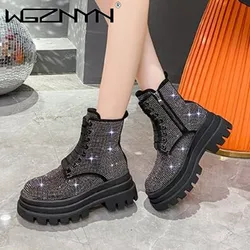 Buty damskie z okrągłym noskiem buty kryształowe Lolita botki-moda damska Rhinestone Rock 2023 kostki gumowe buty zimowe jesienne Med