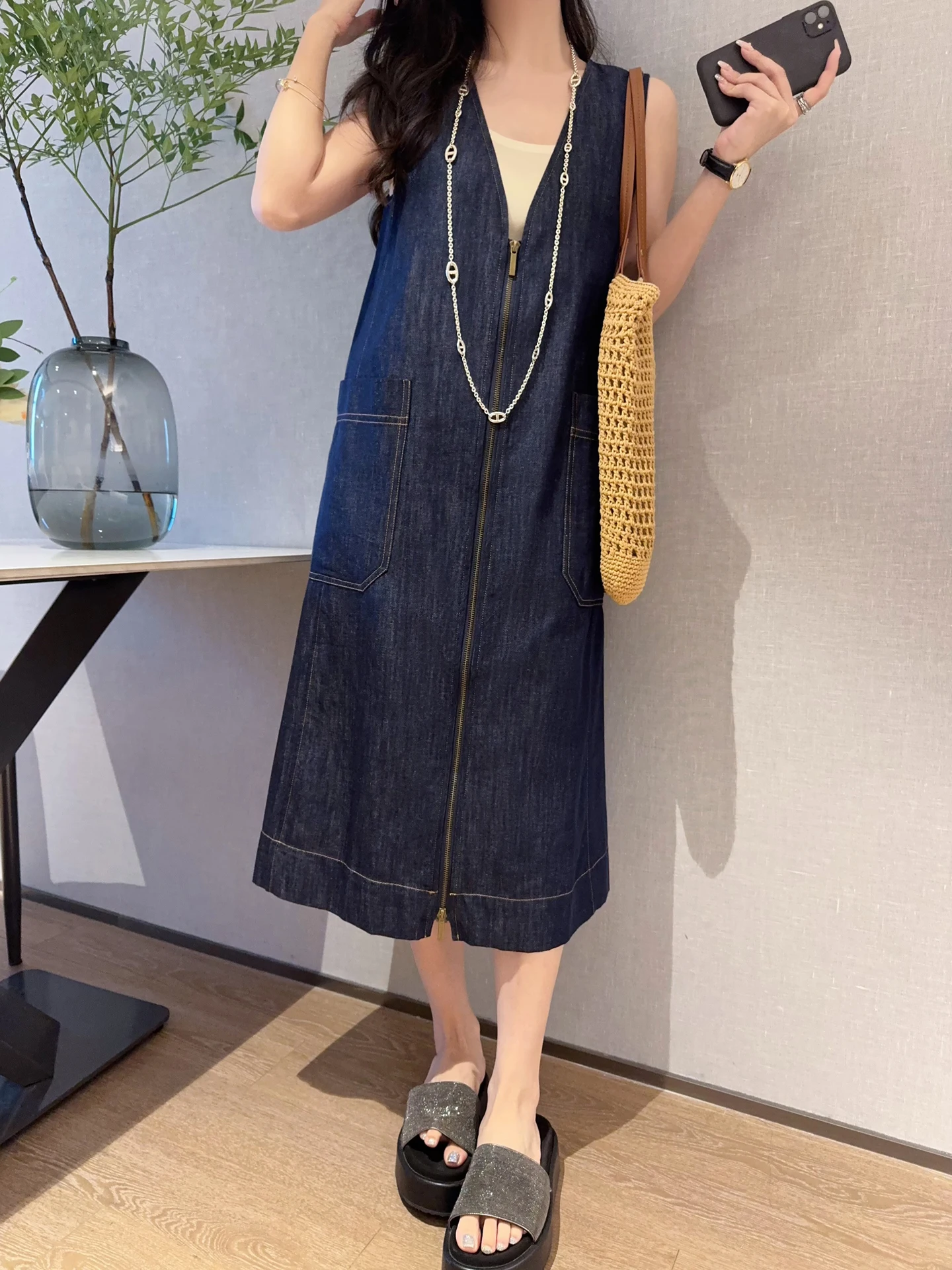 Sli Slimming Vintage Denim Skirt Mid-Length Cotton Lin V-Ne Vest Dr Faionable Casual Loose Waist Soft Cotto...