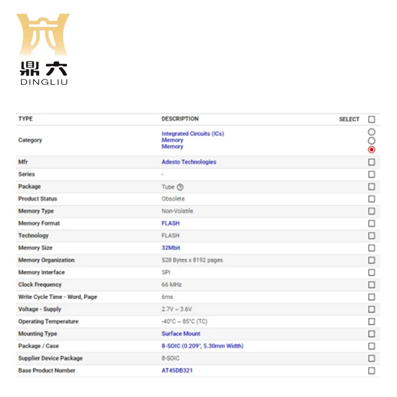 AT45DB321D-SU	 IC FLASH 32MBIT SPI 66MHZ 8SOIC  AT45DB321D-SU FLASH Memory IC