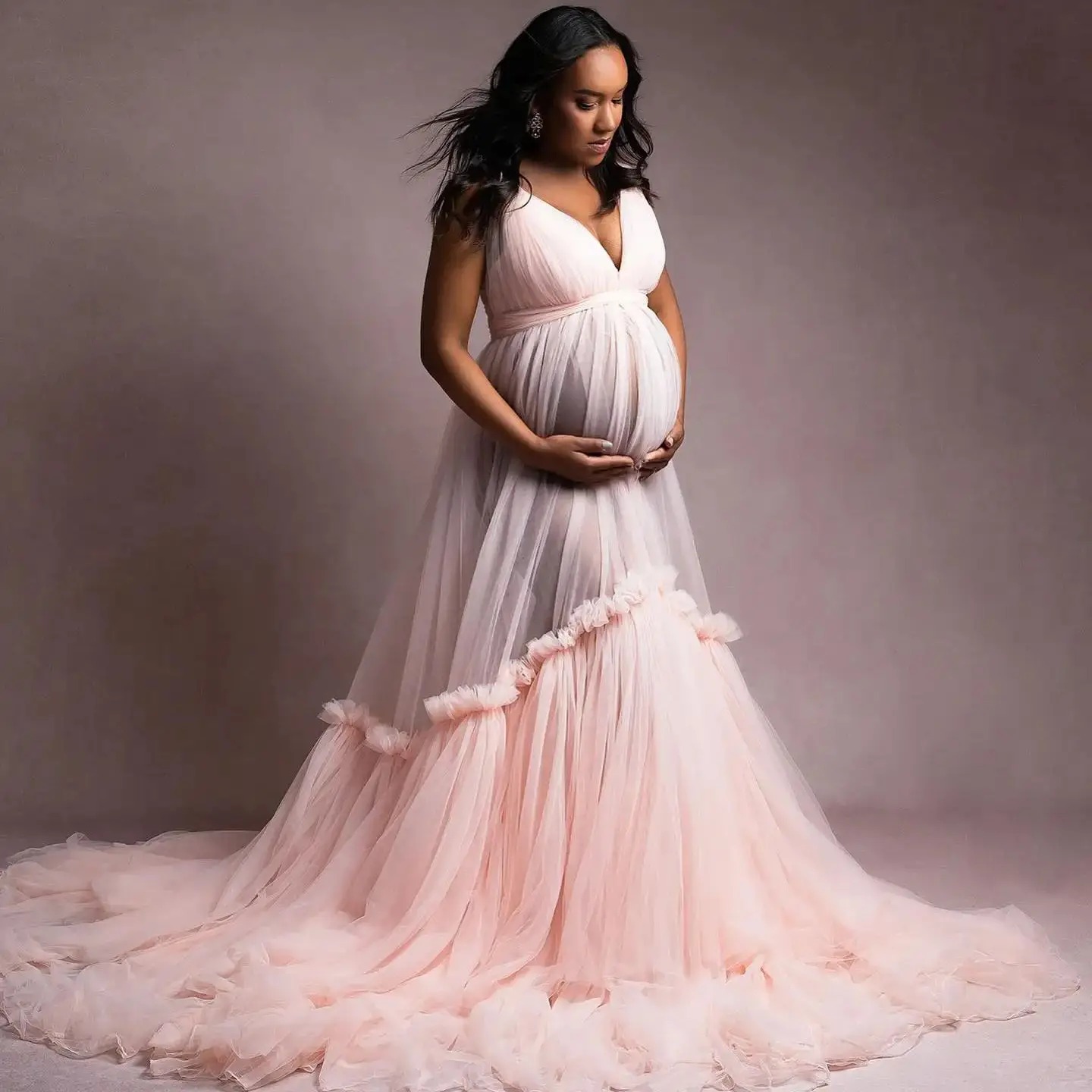 V Neck Prom Dresses Women Transparent Tulle Baby Shower Gowns Sleeveless Pregnancy Dress Photography Vestido de Novia