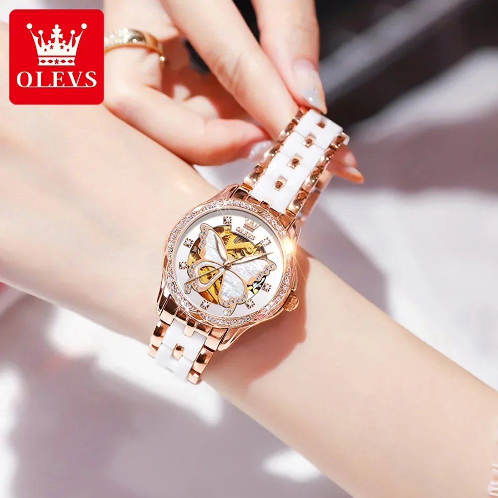 OLEVS Automatic Mechanical Women's Wristwatch Ceramic Strap Waterproof Luminous Diamond Skeleton Tourbillon Dial Watch for Women