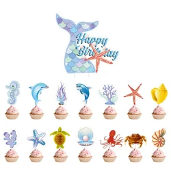 Mermaid Cake Topper Happy Birthday Wedding Dolphin Ocean Cupcake Toppers Decoration Baby Shower Kids Party DIY Baking Supplies