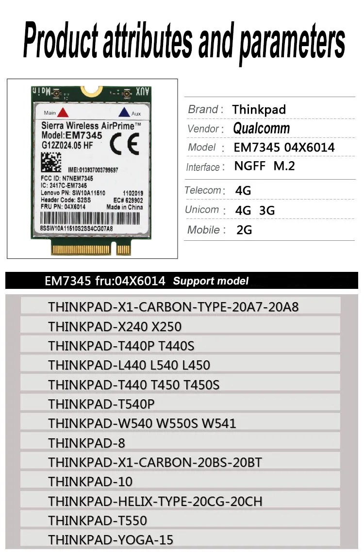 EM7345 4G LTE / HSPA+ Mobile Broadband 4G CARD WWAN Module 04X6014 for Lenovo Thinkpad T440 W540 T440P X240 L540 X250