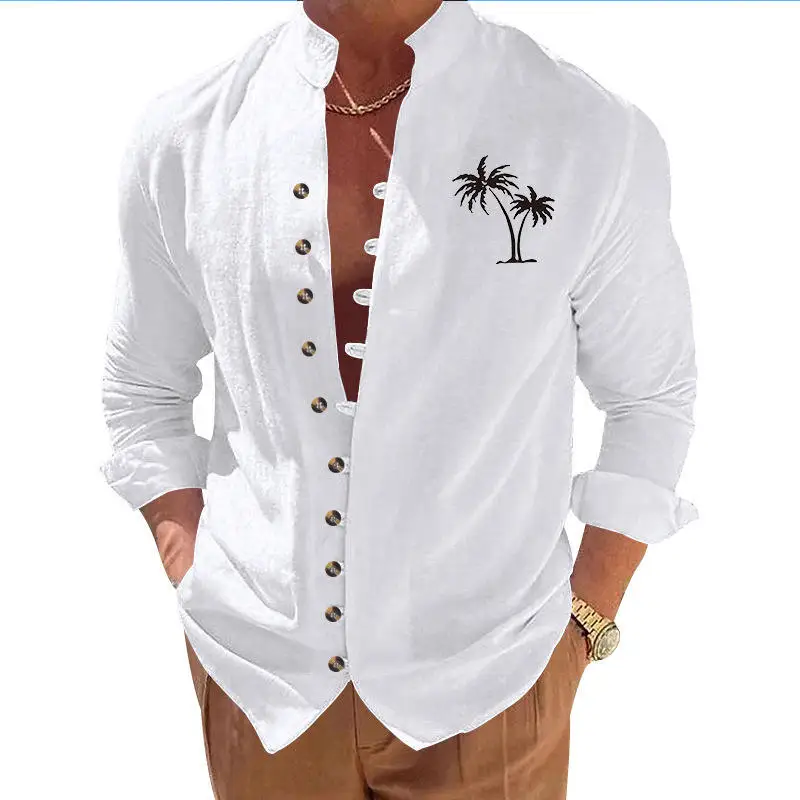 

Autumnal Casual Print Long Sleeve Collared Men's Shirt Vintage Style Coconut Tree Pattern Regular Fit Fashionable Casual Wear